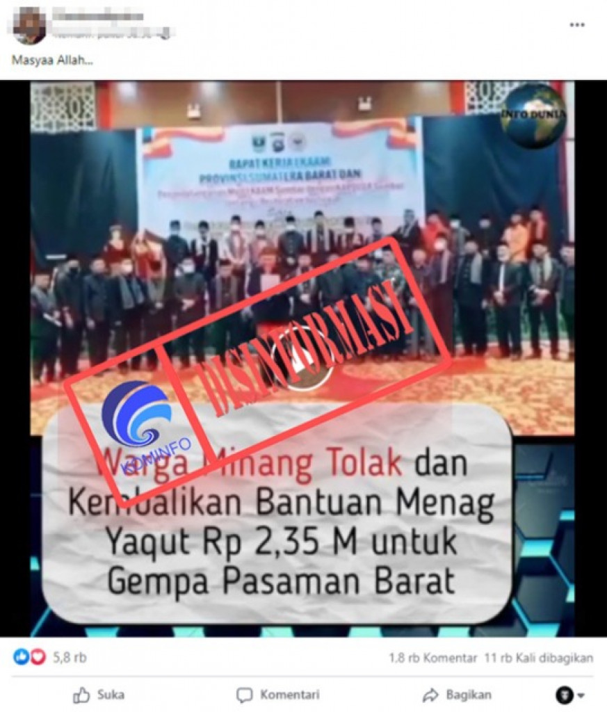 [DISINFORMASI] Video "Warga Minang Tolak dan Kembalikan Bantuan Menag Yaqut Rp 2,35 M untuk Gempa Pasaman Barat"